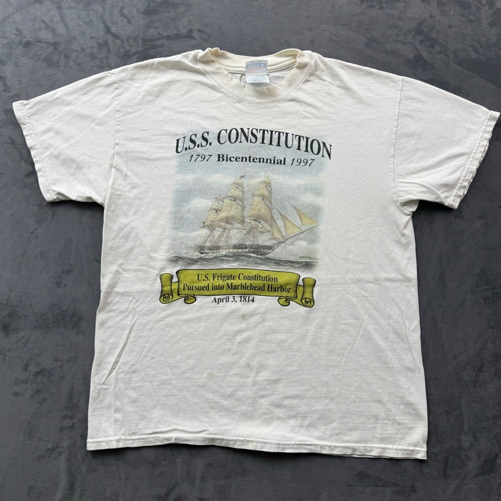 Vintage Hanes Beefy-T USS Constitution 1797 Bicentennial Shirt Mens L White 1997